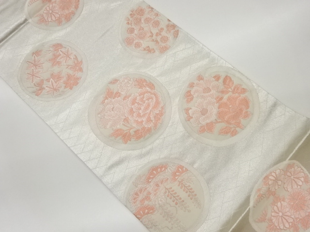 丸文に花々模様織出し袋帯